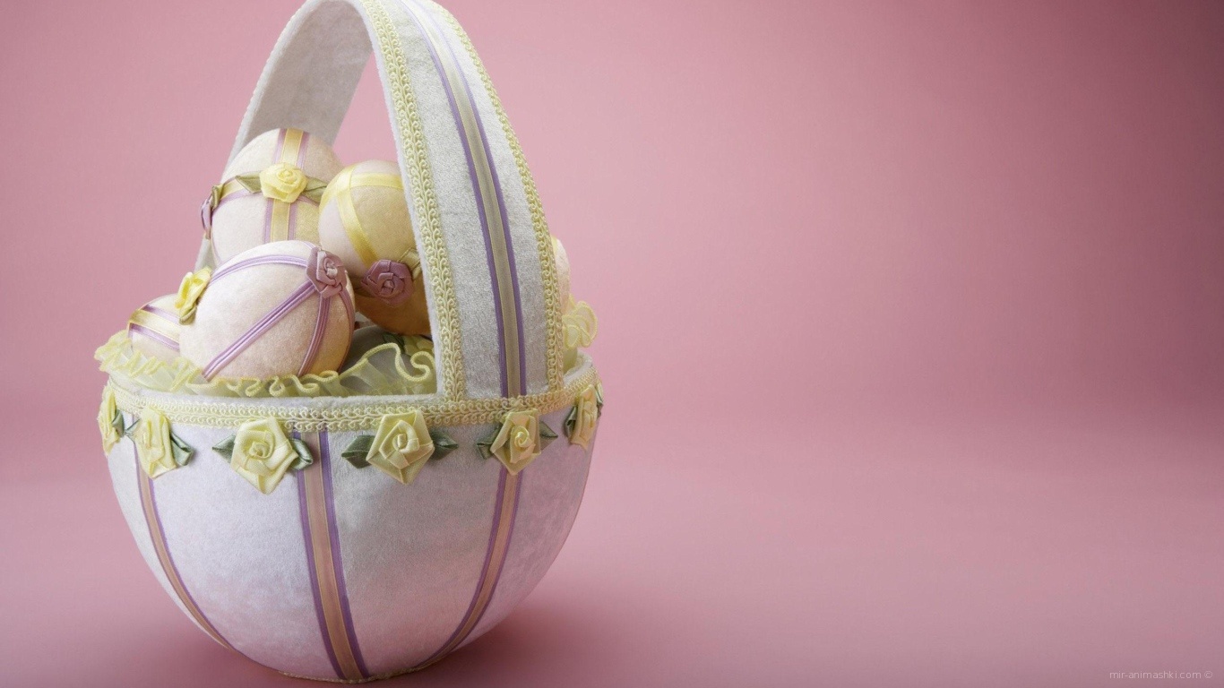 Корзина яиц на розовом фоне на Пасху~Анимационные блестящие открытки GIF