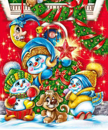 Новогодний щенок со снеговиками~Анимационные блестящие открытки GIF