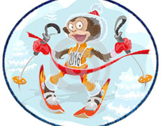 Забавная новогодняя обезьяна на лыжах