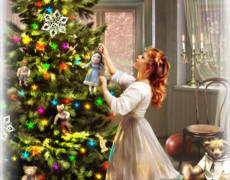 Девочка наряжает рождественскую елку