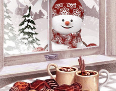Забавный снеговик машет за окном