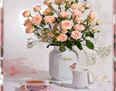 Открытка с букетом роз на столе